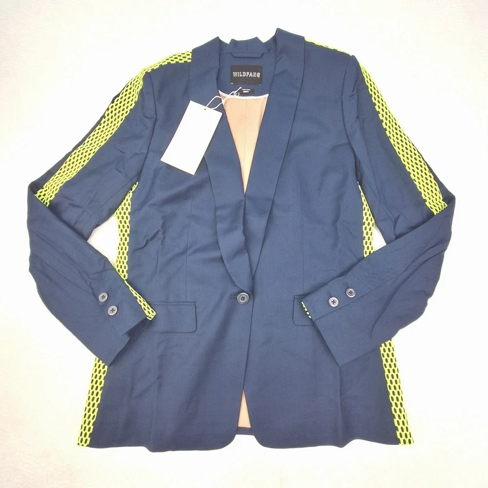 Wildfang Empower Colorblock Tux Blazer Womens Medium Navy Neon Green Mesh NWT